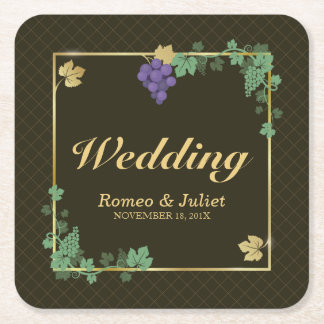 グレープつる植物と金ゴールドフレーム結婚の紙コースター スクエアペーパーコースター