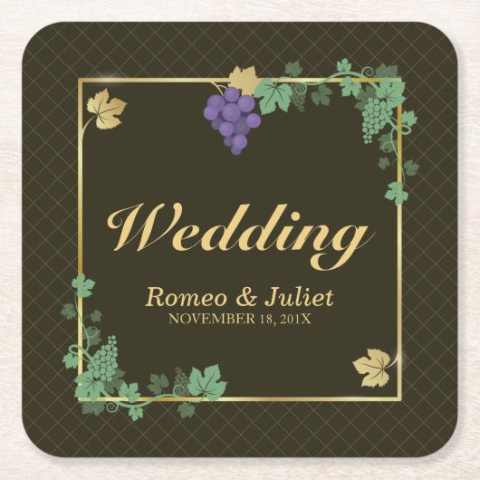 グレープつる植物と金ゴールドフレーム結婚の紙コースター スクエアペーパーコースター (正面)