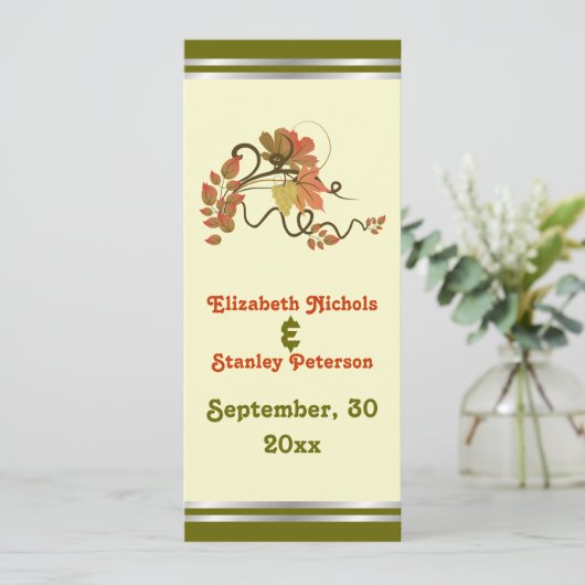 グレープエレガントつる植物と離れのウェディングプログラムカード プログラム (スタンド正面)