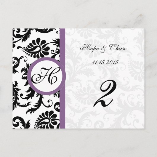 グレープダマスクとブラックダマスク渦巻きテーブル番号カード ポストカード (裏面)