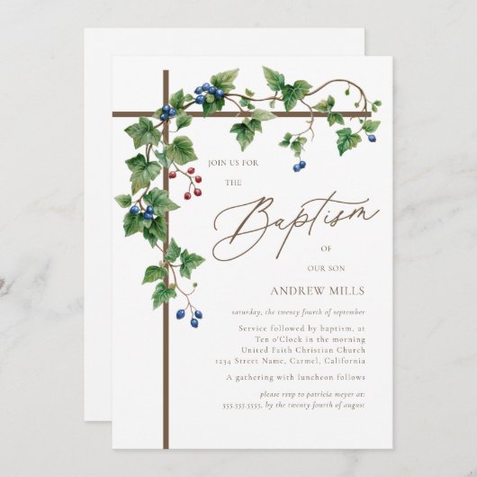 グレープビーカバー木茶色クロスバプテスマ 招待状 (正面/裏面)