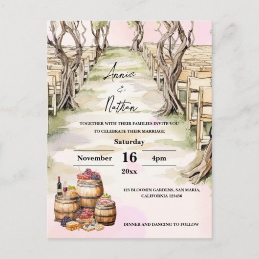 グレープビーヌロマンティックヴィネヤード結婚式招待状 ポストカード (正面)