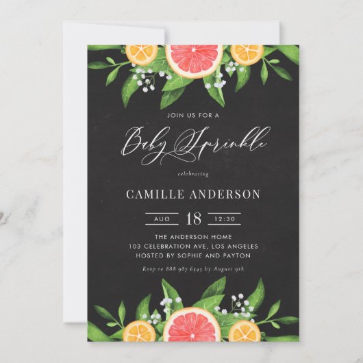 グレープフルーツとオレンジの黒板ベビー散布機 招待状 (正面)