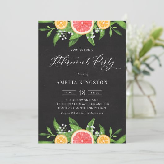 グレープフルーツとオレンジの黒板退職パーティー 招待状 (スタンド正面)