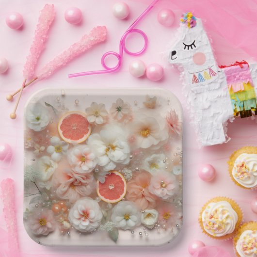 グレープフルーツと花の抽象芸術 ペーパープレート (パーティー)