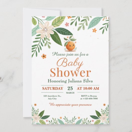 グレープフルーツオレンジ柑橘類リトルかわいこちゃん赤ちゃんシャワー 招待状 (正面)