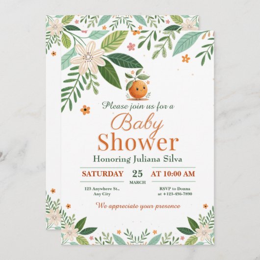 グレープフルーツオレンジ柑橘類リトルかわいこちゃん赤ちゃんシャワー 招待状 (正面/裏面)