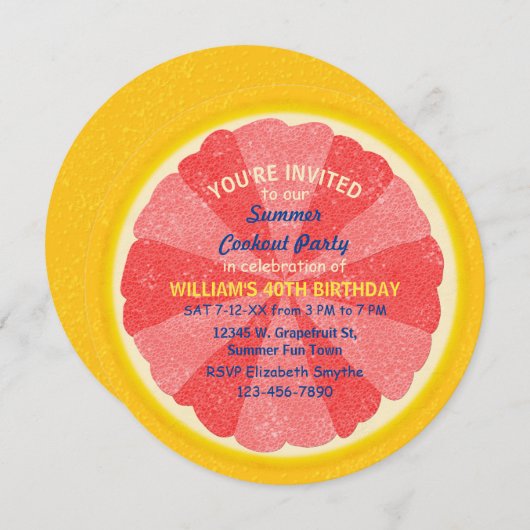 グレープフルーツスライス夏パーティークックアウトまたは誕生日 招待状 (正面/裏面)