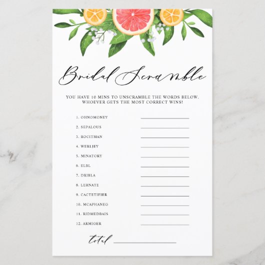 グレープフルーツブライダル単語スクランブルブライダルシャワーゲーム (正面)
