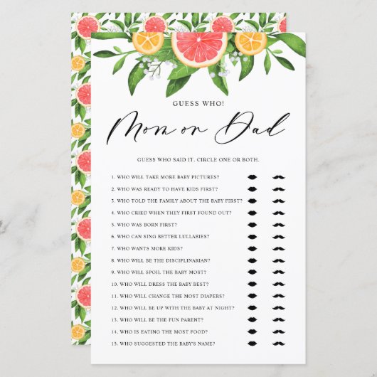 グレープフルーツ推測誰がママまたはパパ赤ちゃんシャワーゲーム (正面/裏面)