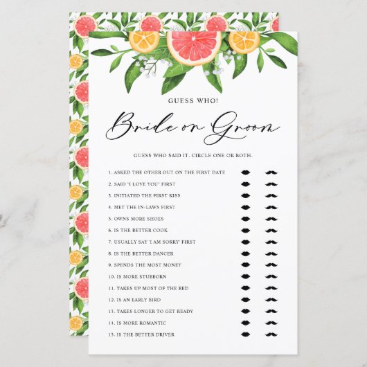グレープフルーツ新郎新婦ブライダルシャワーゲーム (正面/裏面)