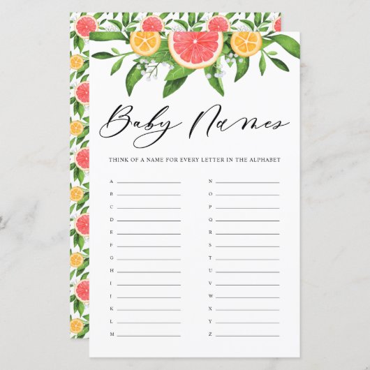グレープフルーツ赤ん坊の名前アルファベビーシャワーゲーム (正面/裏面)