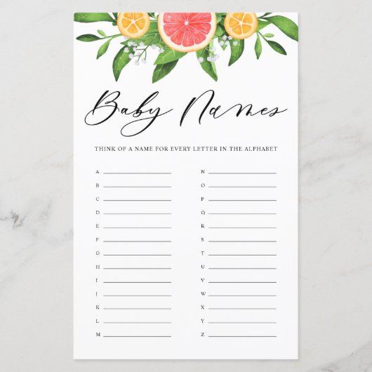 グレープフルーツ赤ん坊の名前アルファベビーシャワーゲーム (正面)