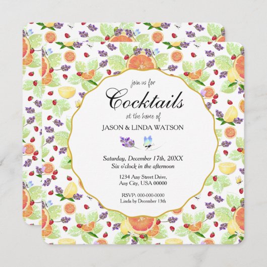 グレープフルーツ・レモンオレンジ柑橘類フルーツミックスカクテル 招待状 (正面/裏面)