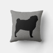 グレーヘリンボーン上の黒いパグドッグシルエット クッション (裏面)