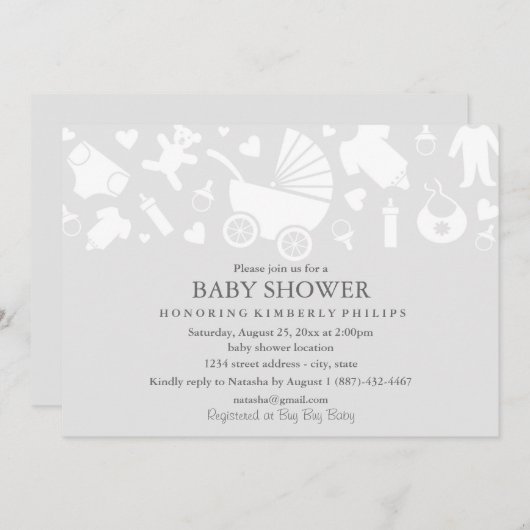 グレーベビーモダンシャワー招待状 招待状 (正面/裏面)