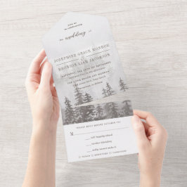 グレーベージュの水色の常緑樹結婚林 オールインワン招待状