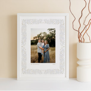 グレーベージュフォークアートフローラフレームとカスタム文字 ポスター