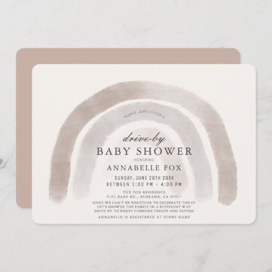 グレーベージュレインボーウォーターカラードライブバイベビーシャワー 招待状 (正面/裏面)
