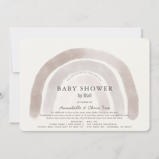 グレーベージュレインボーウォーターカラーベビーシャワーbyメール 招待状 (正面)