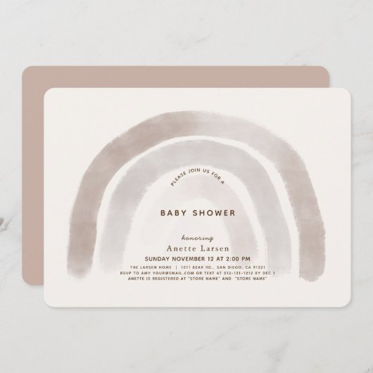 グレーベージュレインボーウォーター色ベビーシャワー 招待状 (正面/裏面)