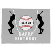 グレーベースボールプレーヤーキッズネーム誕生日 ラージペーパーバッグ (裏面)