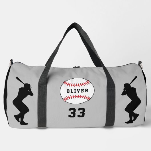 グレーベースボールプレーヤーシルエット名番号 ダッフルバッグ (正面)