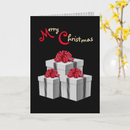 グレーホワイトのピンストライプに赤いリボンのプレゼントが黒地に映える カード