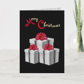 グレーホワイトのピンストライプ 赤いリボンのプレゼントが黒地に映える カード (正面)