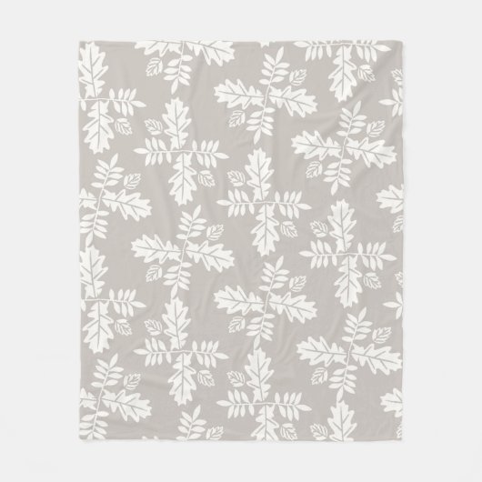 グレーホワイトの葉 ヴィンテージライン 葉の模様 フリースブランケット (正面)