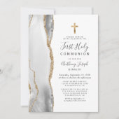グレーホワイトアゲート金ゴールドグリッターファーストホーリーコミュニオン 招待状 (正面)