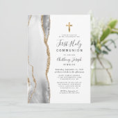 グレーホワイトアゲート金ゴールドグリッターファーストホーリーコミュニオン 招待状 (スタンド正面)
