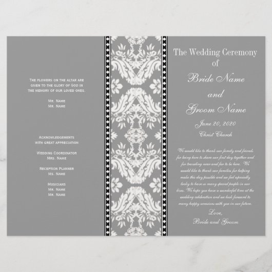 グレーホワイトダマスク結婚式プログラム (正面)
