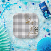 グレーホワイトフローラジンガムプレイドカントリーファームハウス ペーパープレート (パーティー)