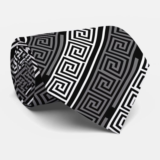 グレーホワイトブラックギリシャ鍵フレットパターンデザイン ネクタイ (ロール)