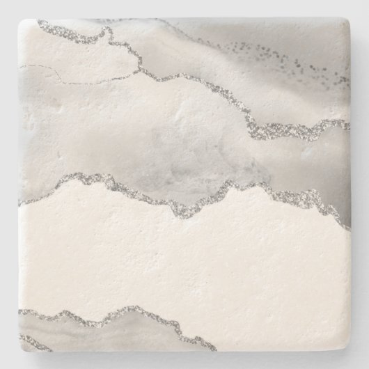 グレーホワイトマーブルエーゲートシンプルシルバースパークル ストーンコースター (正面)
