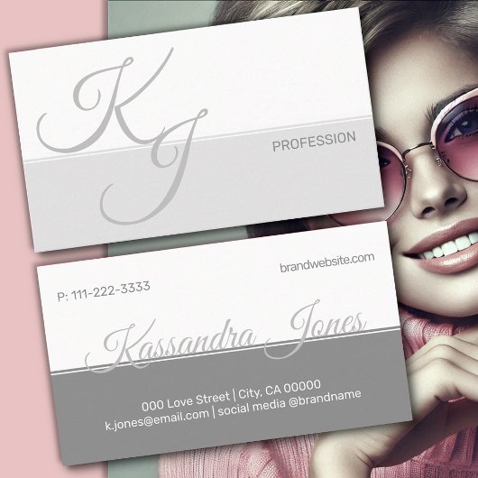 グレーホワイトミニマリストハンドレットフォントイニシャル 名刺