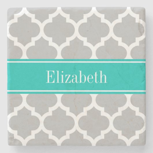 グレーホワイトモロッコ#5ティール（緑がかった色）名モノグラム ストーンコースター (正面)