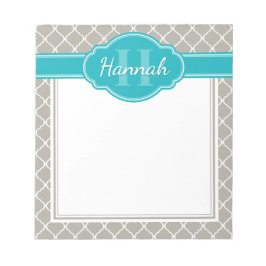 グレーホワイトラティスパターンティール(緑がかった色)モノグラム ノートパッド