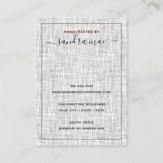 グレーホワイトリネンテクスチャルックジュエリーディスプレイカード 名刺 (裏面)