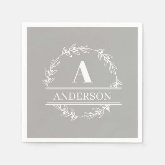 グレーホワイトリースファミリー名モノグラム スタンダードカクテルナプキン (正面)