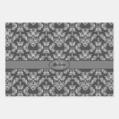 グレーホワイトヴィンテージダマスクパターンモノグラム ラッピングペーパーシート (正面)