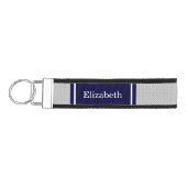 グレーホワイト水玉模様ネイビーブルーネームモノグラム リストバンドキーホルダー (鍵左)