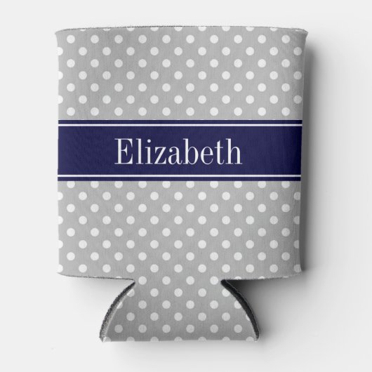 グレーホワイト水玉模様ネイビーブルーネームモノグラム 缶クーラー (正面)