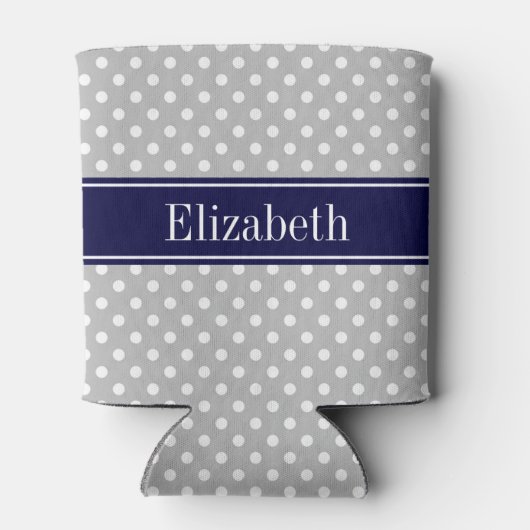 グレーホワイト水玉模様ネイビーブルーネームモノグラム 缶クーラー (裏面)