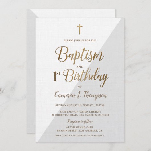 グレーホワイト ゴールド クロス 洗礼 1歳 誕生日 招待状 (正面/裏面)