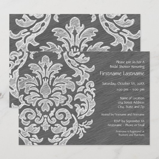 グレーホワイト モダン ダマスク ブライダル シャワー パーティ 招待状 (正面/裏面)