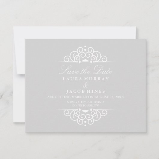 グレーホワイト ヴィンテージ スクロール 結婚式 Save The Date セーブザデート (正面)