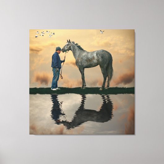 グレーホースとグルーミングOTTBストレッチされたキャンバス印刷 キャンバスプリント (正面)
