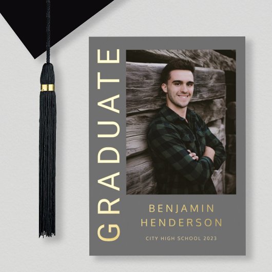 グレーボーイフォトゴールドフォイル卒業発表 箔招待状